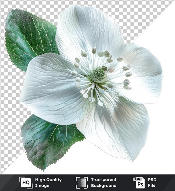 PSD transparent object hellebore flower with white petals and green leaves on isolated background