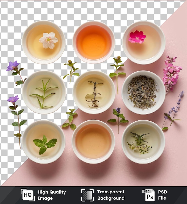 PSD 透明的草藥茶和健康套件,上面有紫色和粉紅色的花,白色碗和一個小白色的碗在粉紅色的桌子上