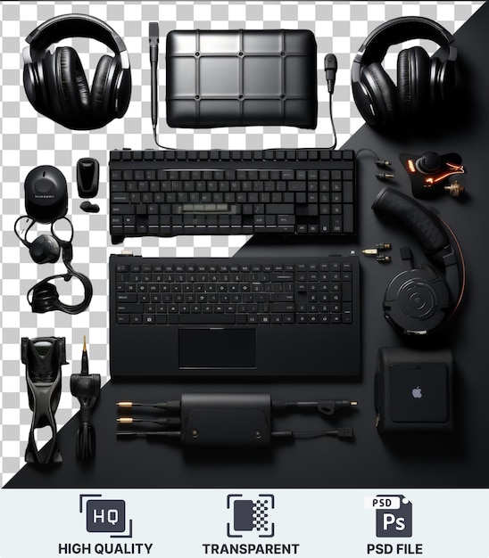 PSD Прозрачный объект высококлассный компьютерный игровой набор с черными наушниками клавиатурой и мышью на черном столе
