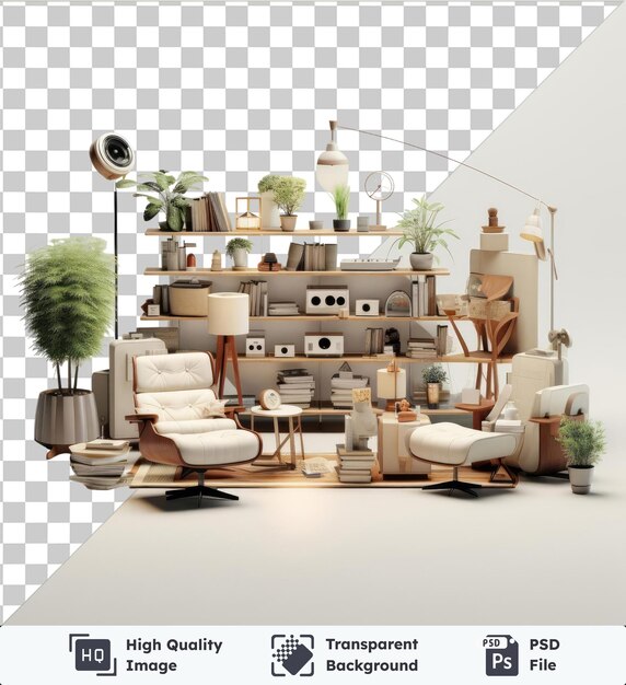 PSD transparent object home movie theater set surrounded by lush greenery and white furniture on a white floor