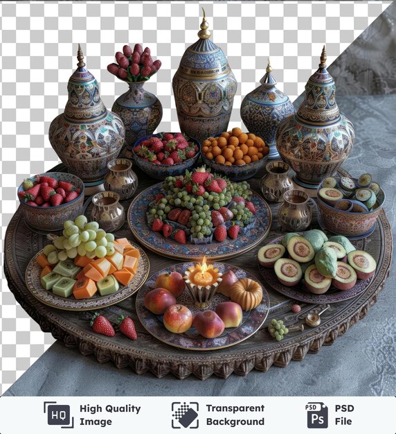 PSD oggetto trasparente centro tavola iftar per il ramadan con una varietà di frutta e verdura colorate tra cui uva verde una mela rossa e un piatto blu disposti su un tavolo grigio con