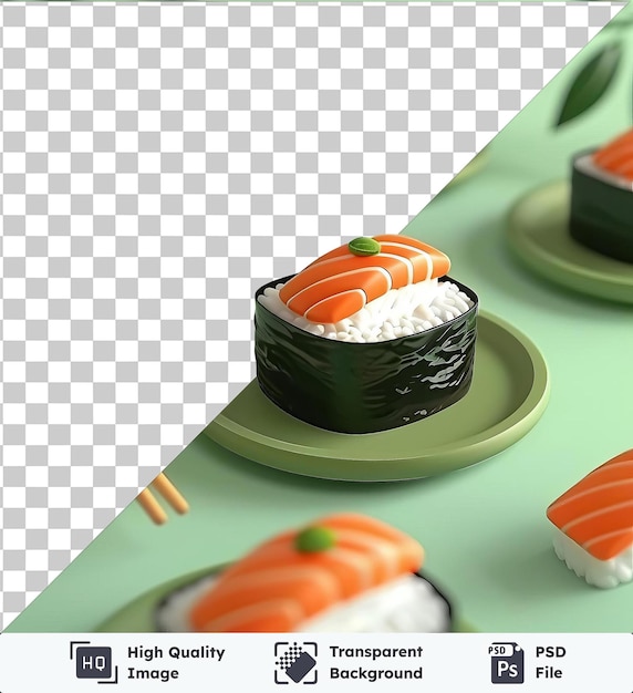 PSD transparent object inari sushi on a green plate with chopsticks