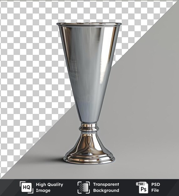 PSD transparent object jigger shaped vase with a shiny silver base and black shadow on a gray background