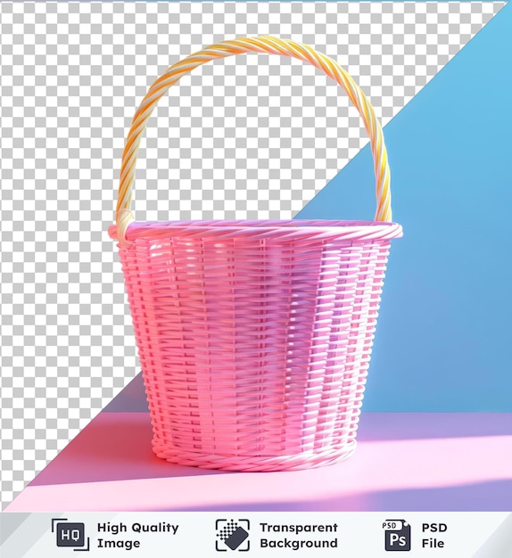 PSD Прозрачная корзина для белья на розовом столе на синей стене