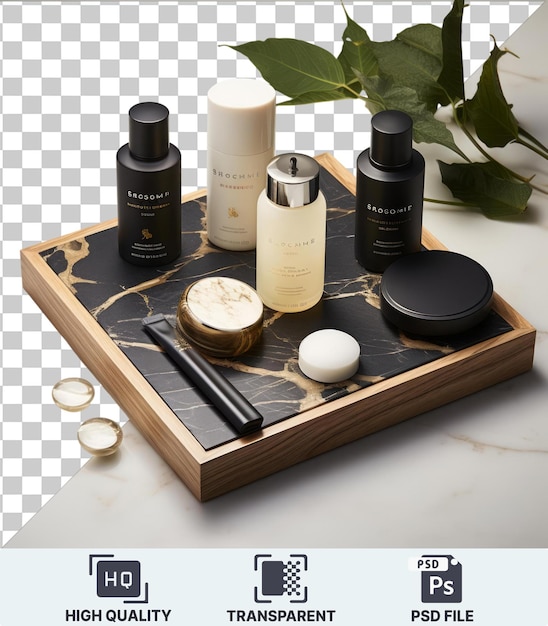 PSD transparent object luxury organic skincare set beauty products displayed on a wooden tray