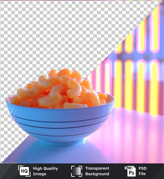 PSD transparent object mac and cheese in a blue bowl sits on a shiny table against a pink wall