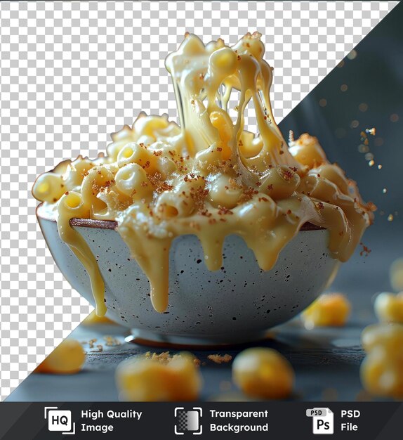 PSD transparent object mac and cheese in a bowl on a table