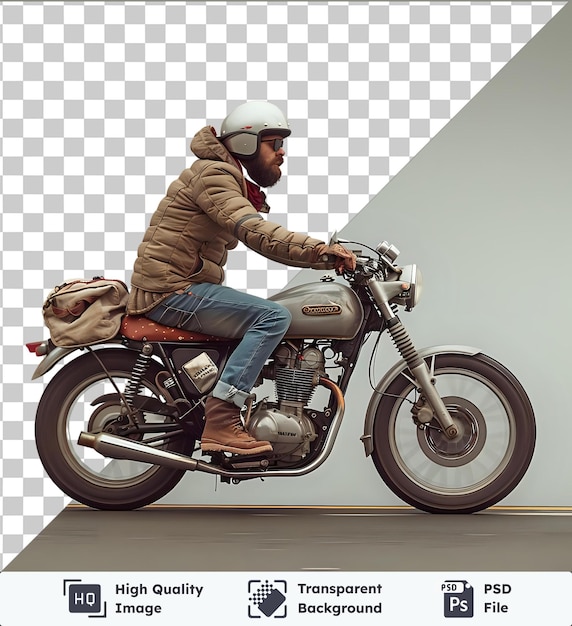 PSD transparent object a man wearing a helmet and driving a motorcycle with a leather and brown jacket blue jeans and brown boots visible in the foreground