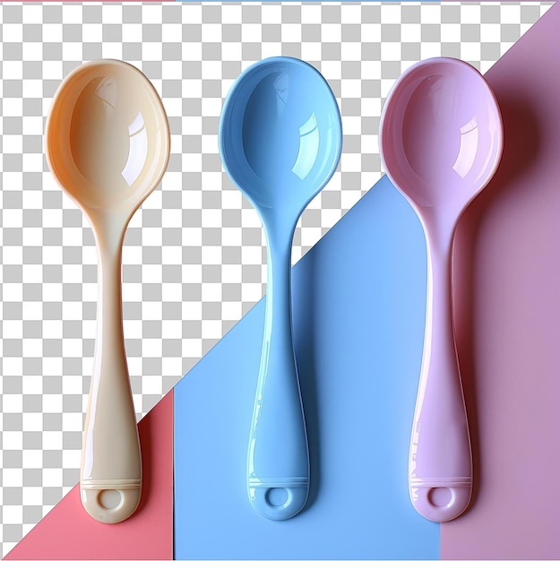 PSD transparent object measuring spoons a white spoon a blue spoon and a pink spoonon a pink background