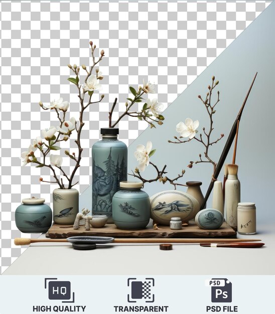 PSD pittura in miniatura di oggetto trasparente e accessori impostare una collezione di vasi in vari colori e stili tra cui bianco blu e marrone disposti su un tavolo di legno contro una parete bianca