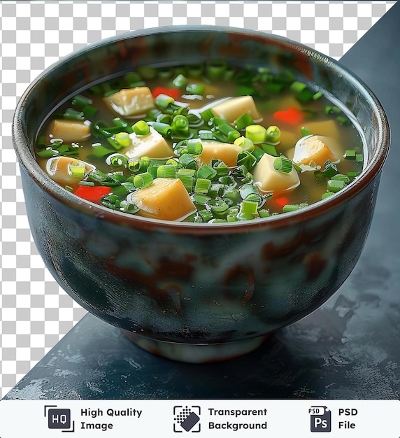PSD transparent object miso soup served in a bowl on a gray table garnished with an orange carrot