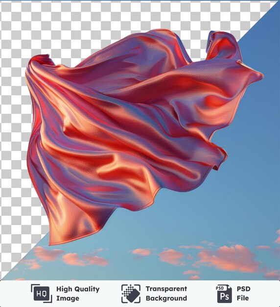 Transparent object mockup of a flying red silk fabric against a blue sky with pink and white clouds