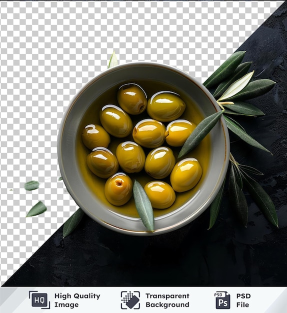 PSD transparent object mockup of green olives in olive oil with leaves top view on black background