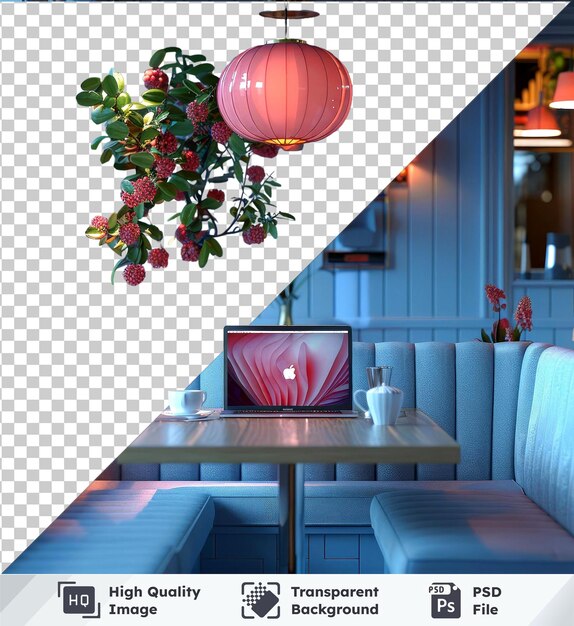 Transparent object mockup of a laptop a restaurant table with screen editable for your design