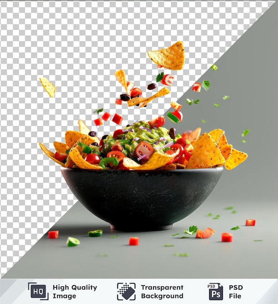 PSD transparent object mockup of nachos falling on a bowl with guacamole