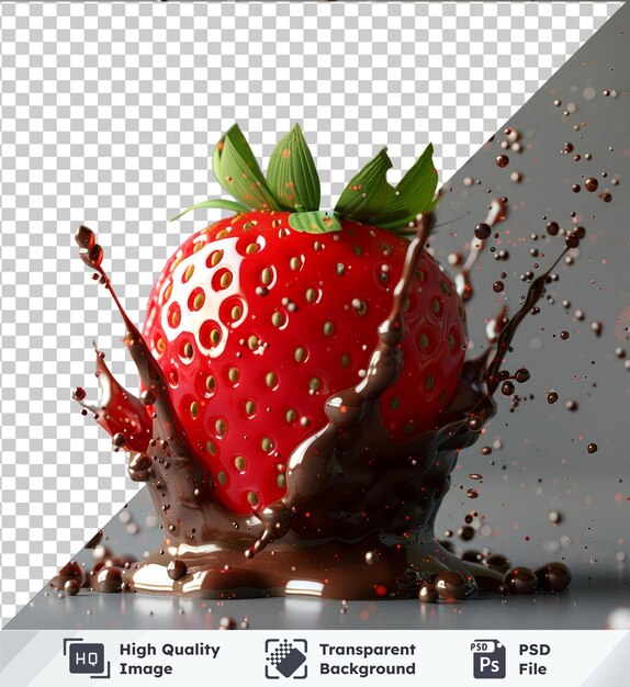 Transparent object mockup of a strawberry chocolate explosion on a shiny table with drops of