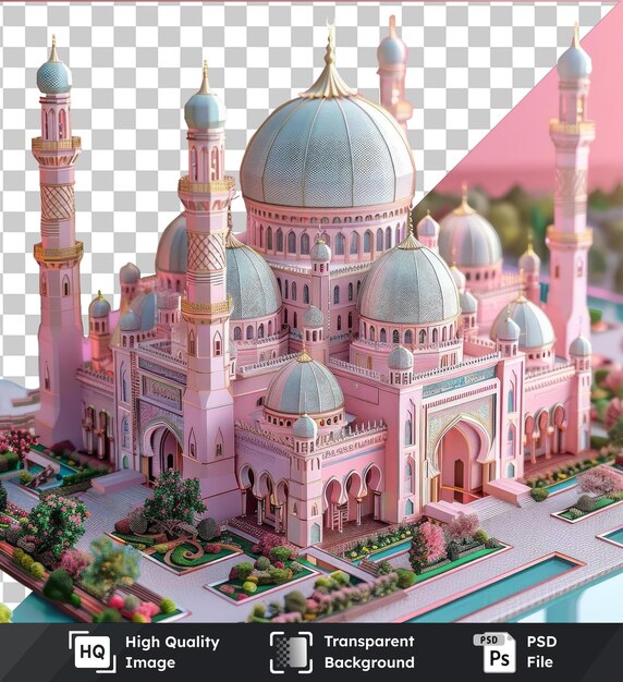 Transparent object mosque model kit for ramadan featuring a pink building with a blue and green dome surrounded by a small green tree