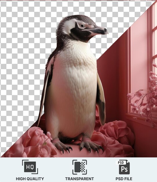 PSD 黒と白のペンギンの透明なオブジェクト - 灰色と黒のノックと白と黒の頭 - 赤とピンクの壁の前に立っています - 前景にピンク色の花があります