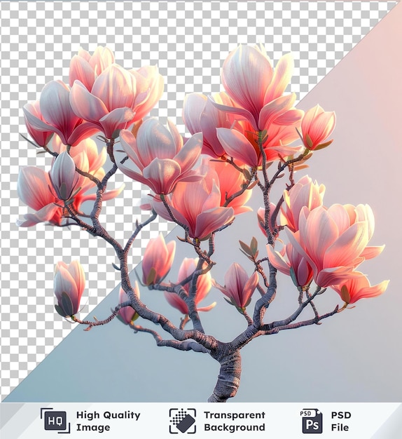 Transparent object pink and white tulip tree clipart with flowers on blue sky