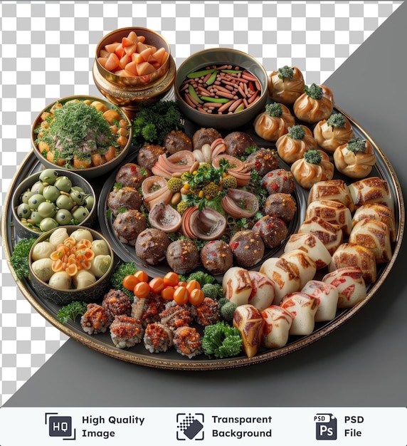 PSD transparent object plate of serabi for eid al fitr featuring a variety of colorful vegetables including broccoli carrots and a small bowl placed on a gray table