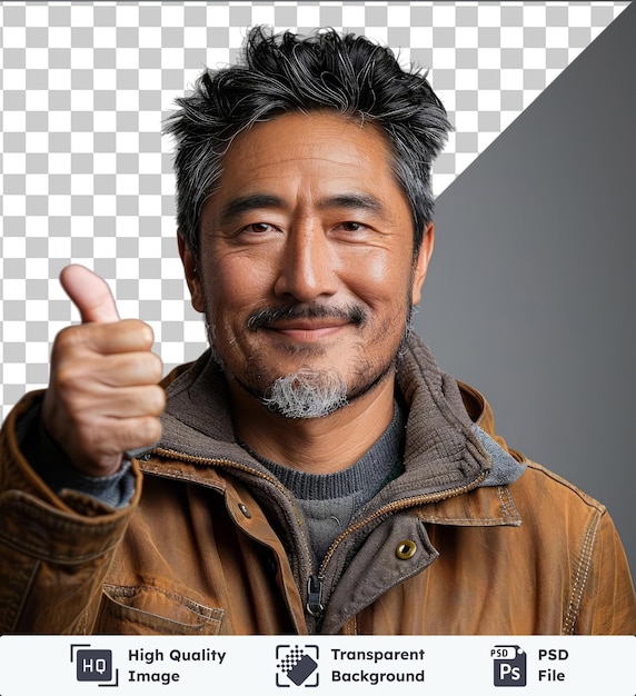 Transparent object portrait of asian man with gesture sign featuring a brown jacket black hair gray beard and large nose with brown eyes and small ears