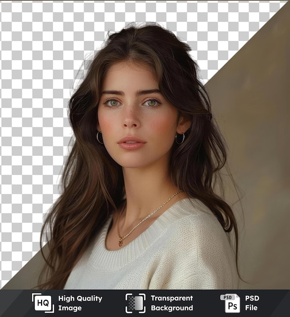 PSD transparent object portrait of the brunette woman with long brown hair wearing a white sweater and silver necklace showcasing her striking blue and brown eyes small nose and brown eyebrow