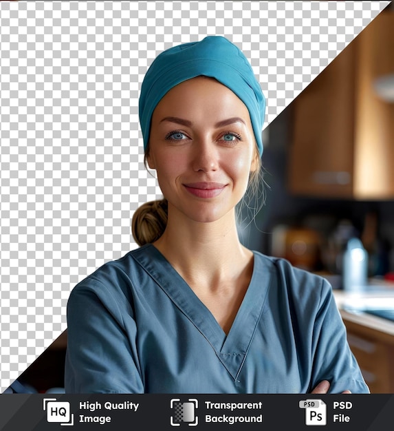 PSD ritratto trasparente di un'infermiera caucasica che guarda la telecamera e sorride a casa durante la quarantena per il coronavirus covid-19