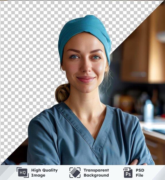 Transparent object portrait of caucasian female nurse looking at the camera and smiling medical careat home during covid 19 coronavirus quarantine