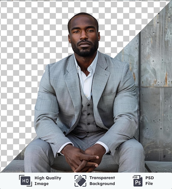 PSD transparent object portrait of an elegant and handsome black businessman wearing gray suit in a concrete wall in the city with his hands visible in the foreground