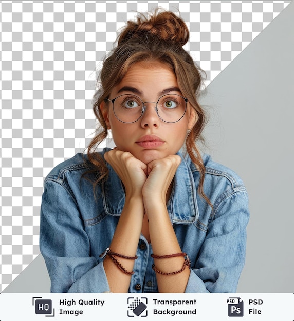 Transparent object portrait of a girl student in glasses dressed in a fashionable denim shirt worries about something nervous bites her nails waiting for the exam results