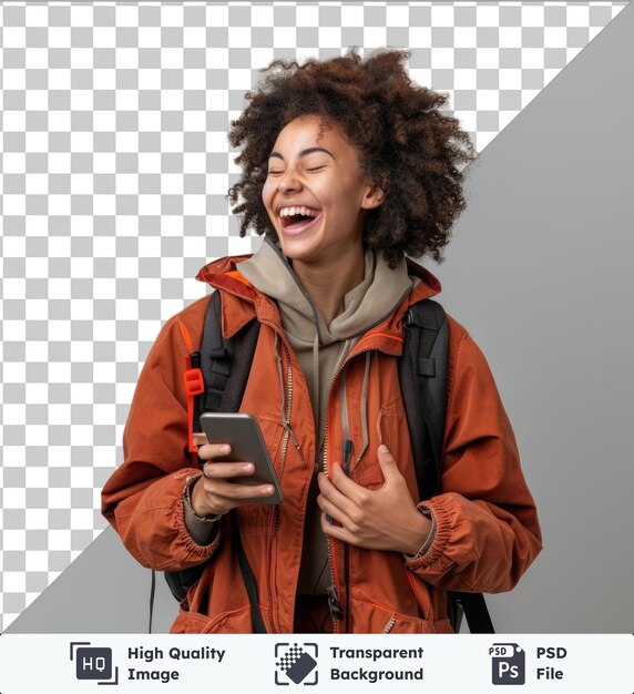 Transparent object portrait of happy young woman laughing with backpack and mobile phone in hand