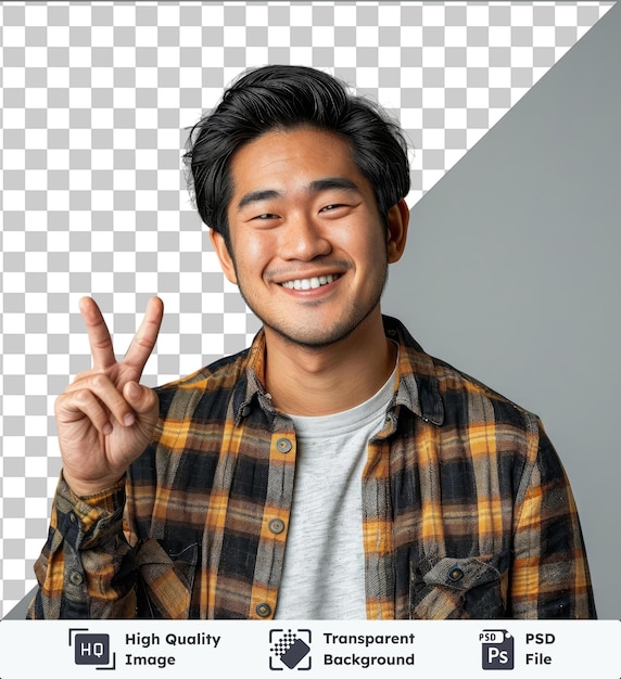 PSD 透明なオブジェクト 画像 アジア人男性ジェスチャーサイン灰色のシャツを着て黒いを着て灰色と白の壁の前に立っています 彼の特徴には大きな鼻茶色の目