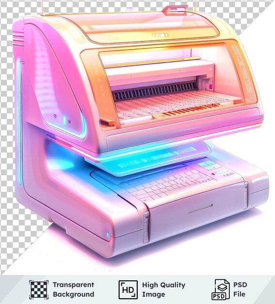 Transparent object printer isolated on a transparent background with various colored objects