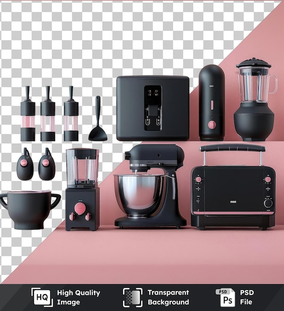 PSD oggetti trasparenti elettrodomestici da cucina di qualità professionale disposti contro una parete rosa con frullatore e maniglia neri