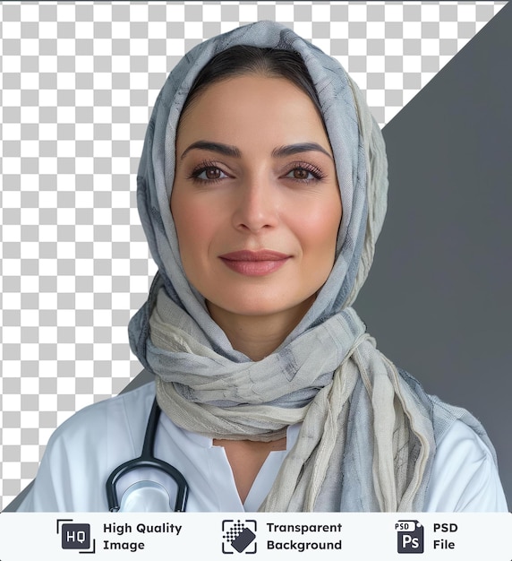 Transparent object profile photo of attractive family doc lady patients consultatio doctor with stethoscope wearing a white shirt and gray scarf standing in front of a gray and white wall her