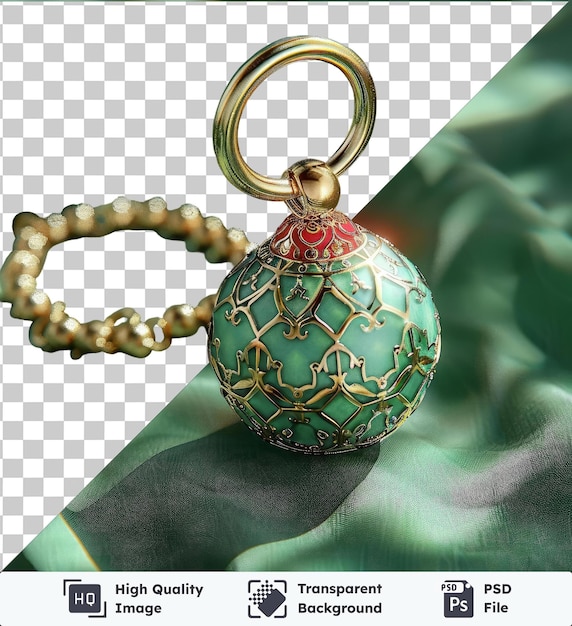 PSD Прозрачный предмет на тему рамадана с золотым кольцом, зеленым шаром и золотым ожерельем с зеленой теней на заднем плане