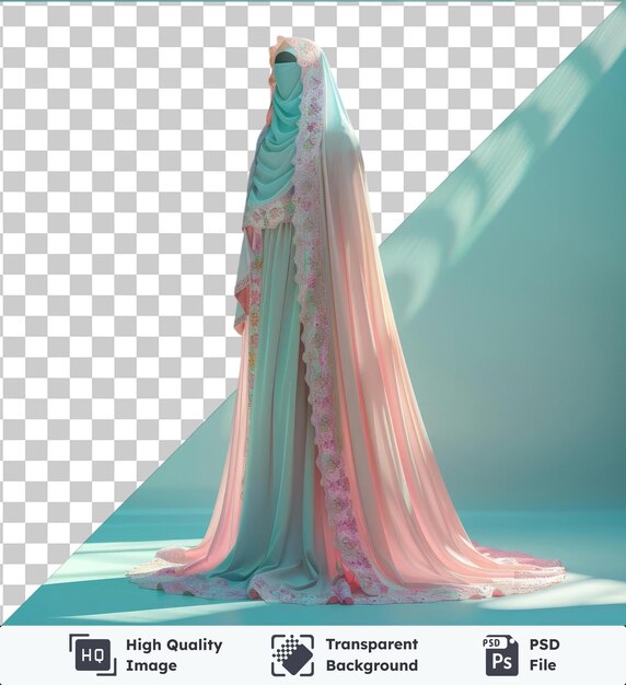 PSD 투명한 물체 라마단 전통적인 비슈티 인형은  드레스를 입고 앞면에  그림자를 가진 파란 하늘을 향해 서 있습니다.