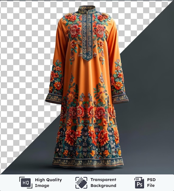 PSD transparent object ramadan traditional kurta with floral pattern on a dark background