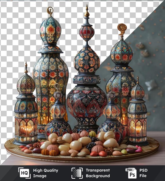 PSD transparent object ramadan traditional misbaha lamps on a wooden table against a gray wall