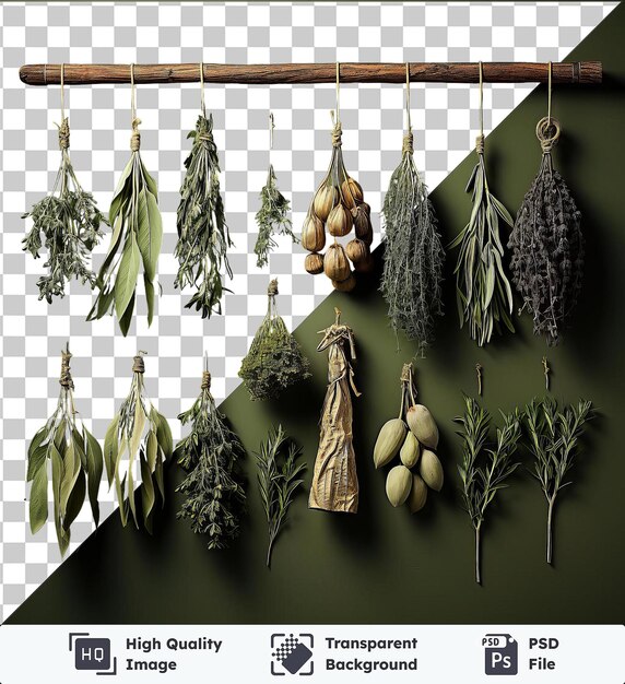 PSD transparent object realistic photographic herbalist39s dried herbs displayed on a wooden shelf against a green wall accompanied by a hanging earring