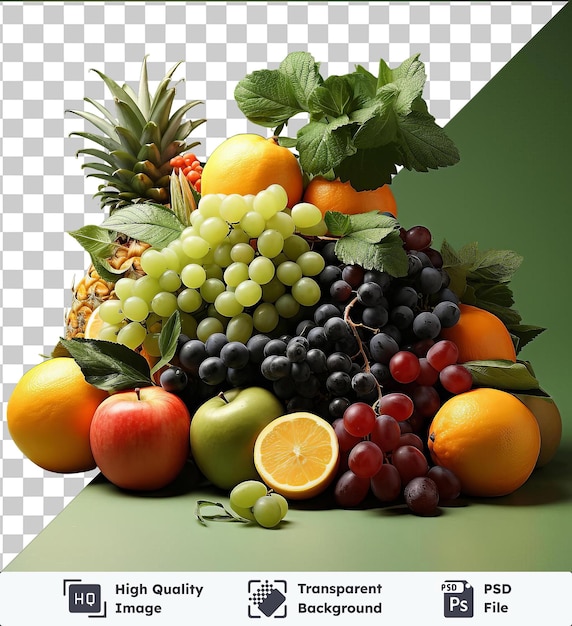 PSD Прозрачный объект реалистичный фотографический диетолог фрукты и овощи, показанные на зеленом