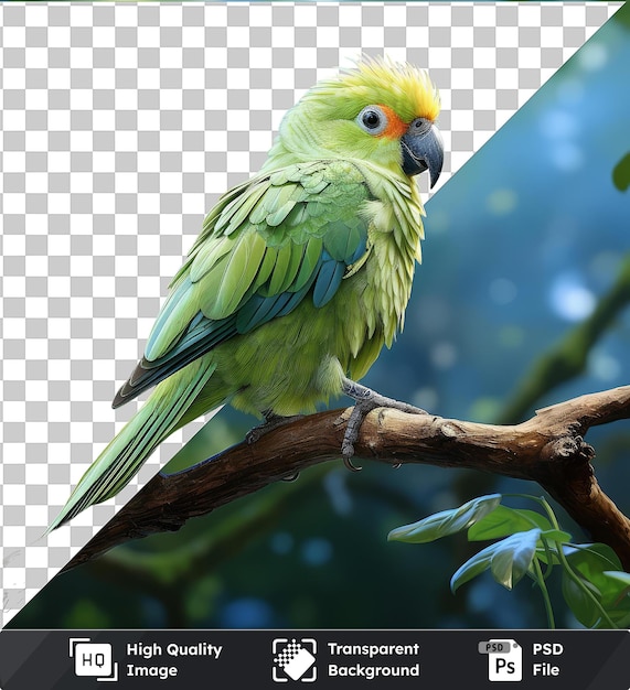 PSD transparent object realistic photographic ornithologists bird sanctuary a green bird with a yellow head gray and black beak and black eye perches on a brown branch displaying its