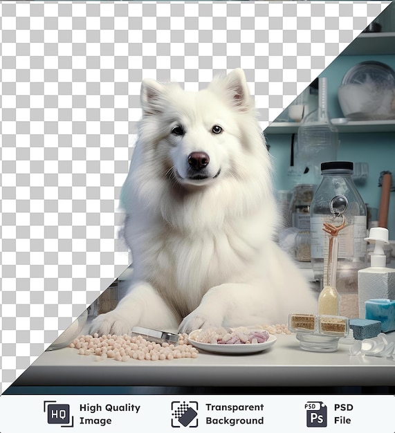 PSD oggetto trasparente fotografico realistico veterinario _ clinica per animali domestici un cane bianco con naso marrone e occhio nero siede su uno sfondo trasparente di fronte a un muro blu circondato da un bianco