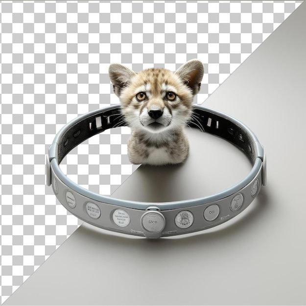 PSD transparent object realistic photographic wildlife conservationist _ s tracking collar a small cat with brown and yellow eyes a black nose and pointy ears is seen in the image