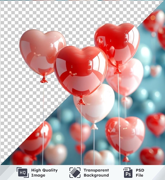 PSD transparent object red hearts mockup valentine39s day concept with balloons on a blue background