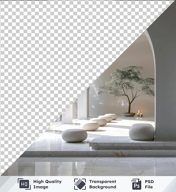 PSD transparent object in a room mockup with a small tree white building and a pillow in the background