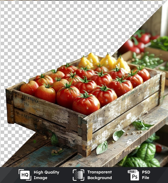 PSD oggetto trasparente che mostra verdure colorate in scatola di legno pomodori peperoni barile con verde