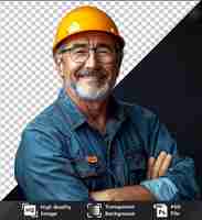 PSD transparent object smiling middleaged construction worker in blue shirt orange hat black glasses