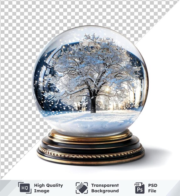 PSD transparent object snow globe with trees gold base white and black tree