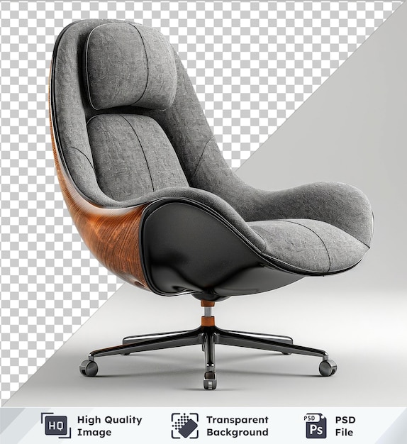PSD sedile di lavoro a oggetto trasparente con ruote nere e braccio grigio contro parete grigia e bianca